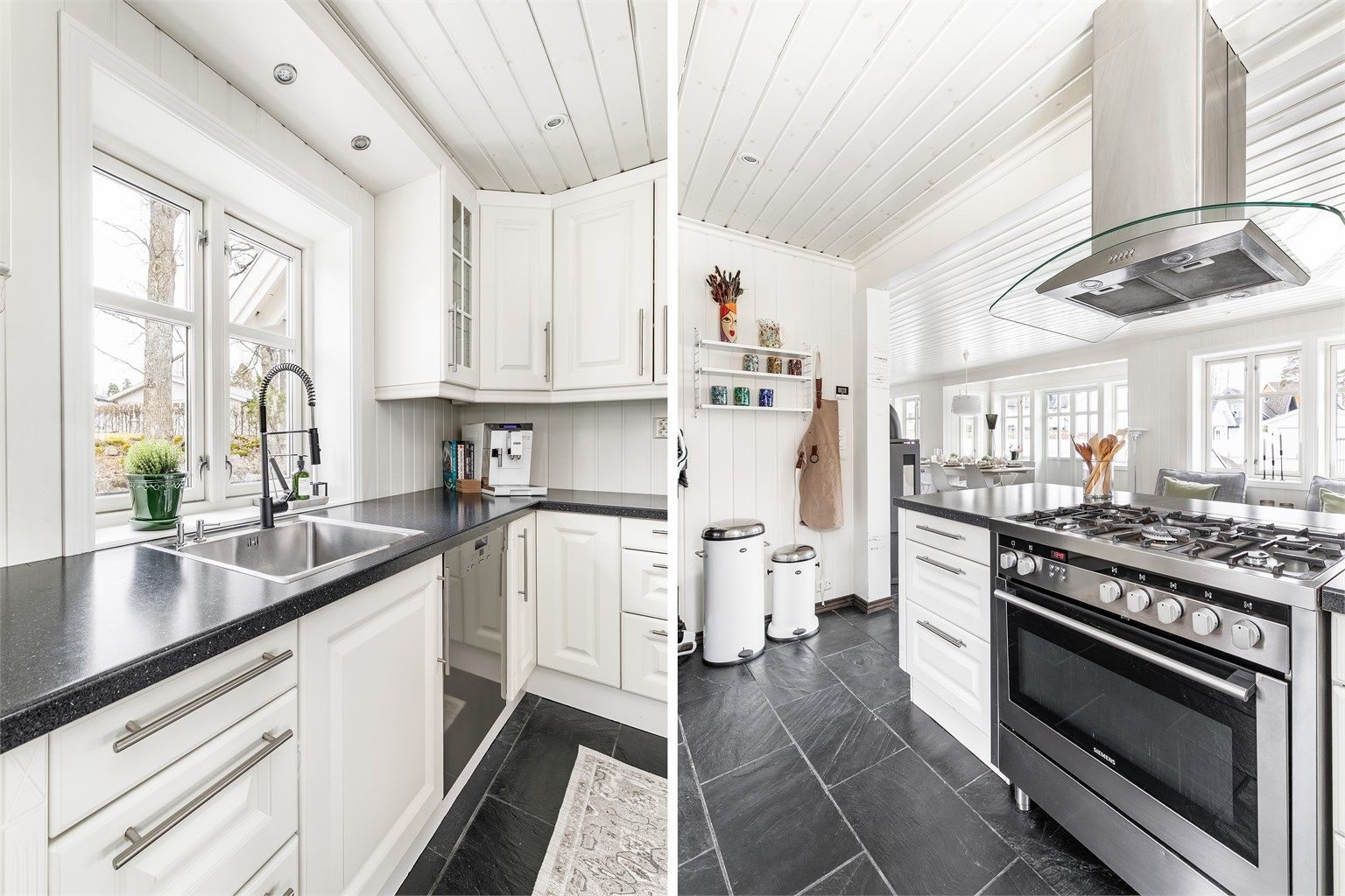 Gasskomfyren fra Siemens har ekstra bred ovn i tillegg til hele fem gassbluss. I 2026 er både nytt blandebatteri på kjøkkenet og sentralt vannstopperanlegg montert.