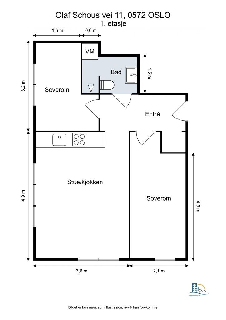 Effektiv planløsning med to soverom og en åpen, sosial sone for stue og kjøkken.