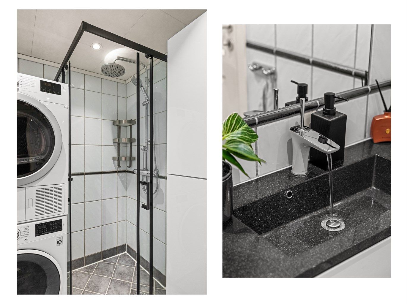 Badet har flislagte overflater, gulvvarme, regndusj og opplegg for vaskesøyle.