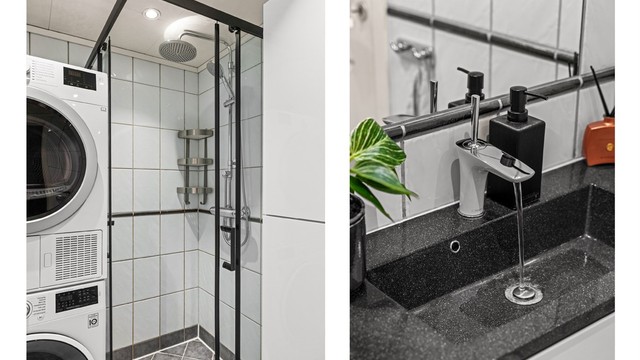 Badet har flislagte overflater, gulvvarme, regndusj og opplegg for vaskesøyle.