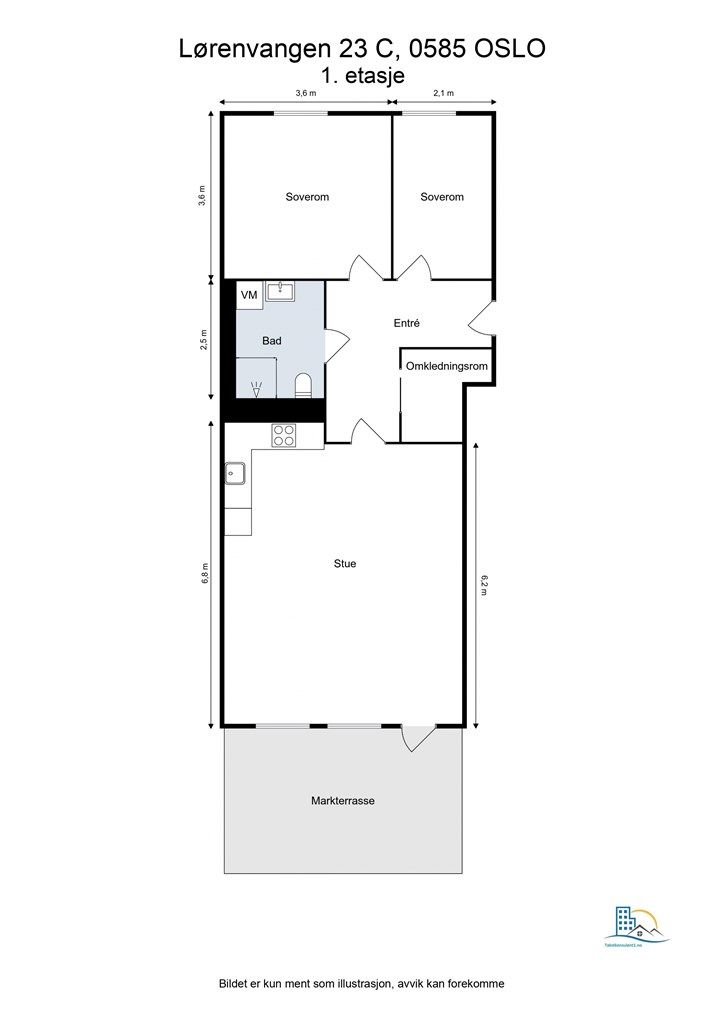 Leiligheten har en effektiv planløsning på 74 m² som omfatter to soverom, bad og en åpen stue-kjøkkenløsning.