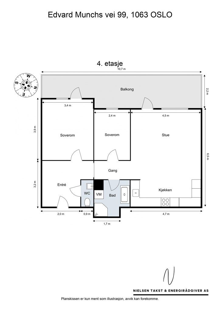 Leiligheten har en god og arealeffektiv planløsning på 72 m² med to soverom.