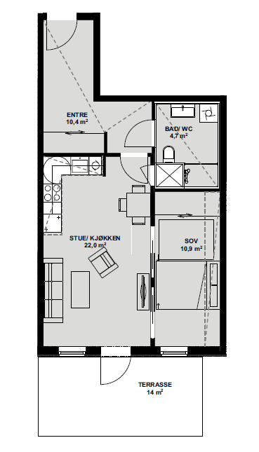 Plantegning for denne moderne 2-roms leiligheten.