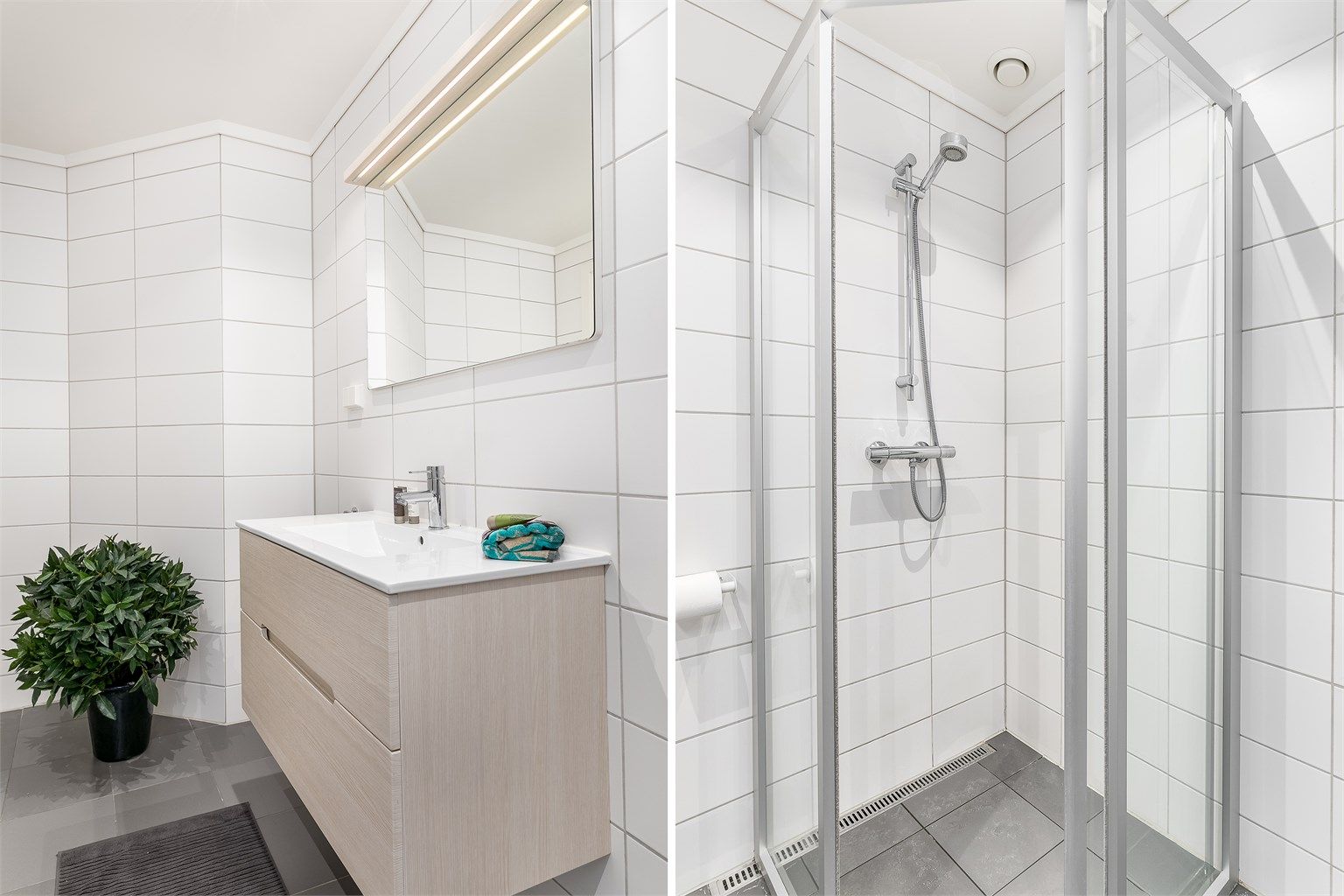Arealkrevende vaskemaskin har dedikert plass i leilighetens innvendige bod, fremfor på badet.