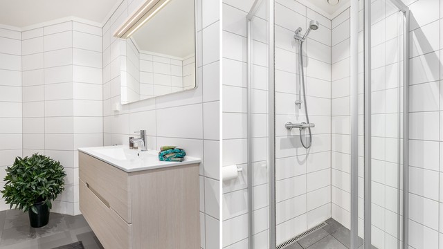 Arealkrevende vaskemaskin har dedikert plass i leilighetens innvendige bod, fremfor på badet.