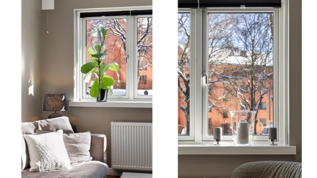 Leiligheten ligger i en høy 1. etasje, som gir en privat atmosfære uten direkte innsyn.