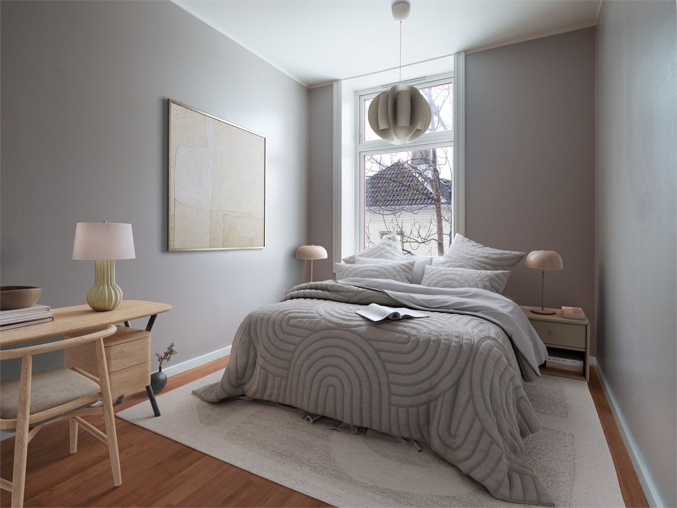 Soverommet plass til dobbeltseng av ønsket størrelse, nattbord og garderobeskap. Bildet viser en illustrert innredning. 