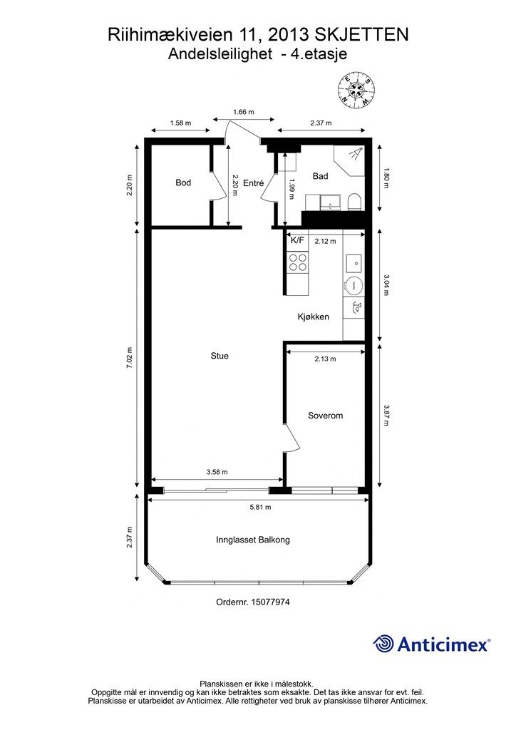 Plantegningen viser en arealeffektiv leilighet med god romfordeling og en praktisk planløsning.