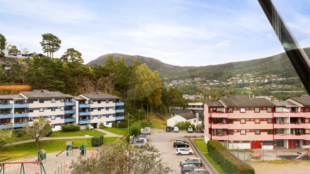 Fra leiligheten er det en åpen utsikt over borettslagets grøntområder.