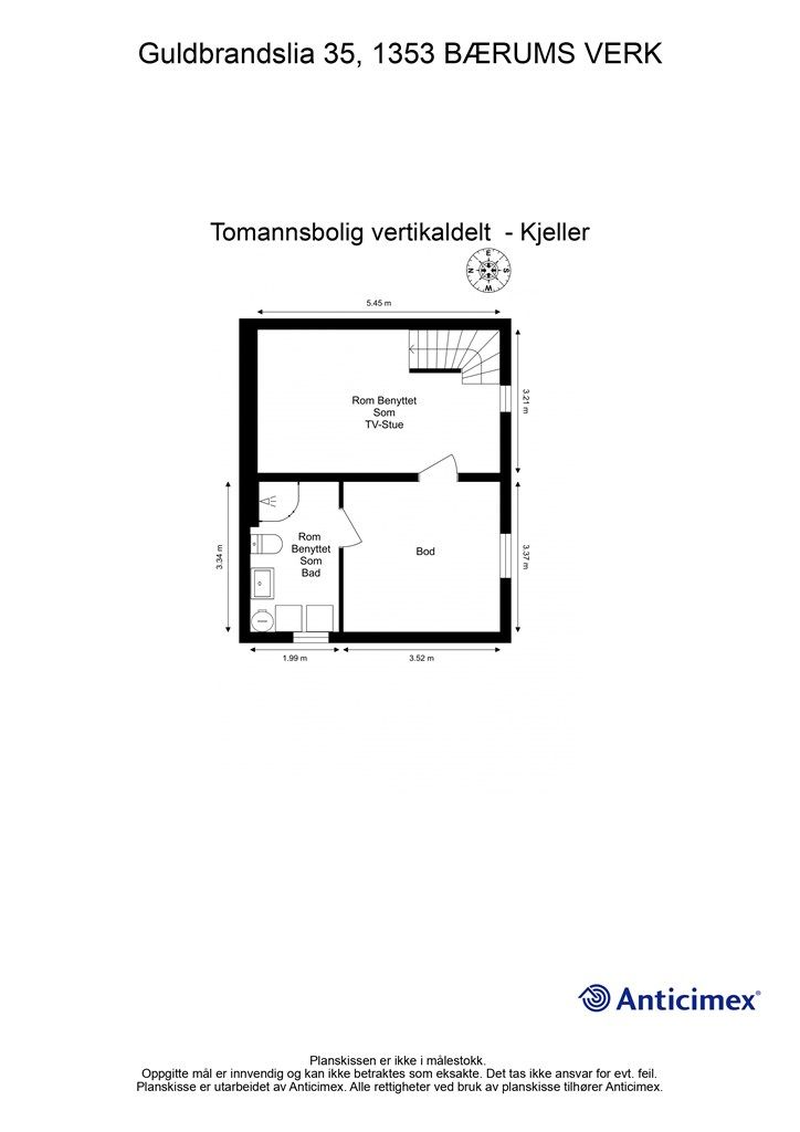 Plantegning - Underetasjen. Inneholder TV-stue, bad/vaskerom og en praktisk bod. Underetasjen er ikke godkjent til varig opphold