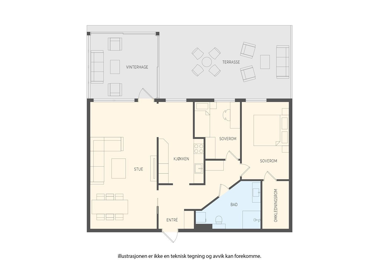 Leiligheten har en arealeffektiv planløsning på ett plan, med en åpen stue- og kjøkkenløsning og direkte utgang til uteplassene.