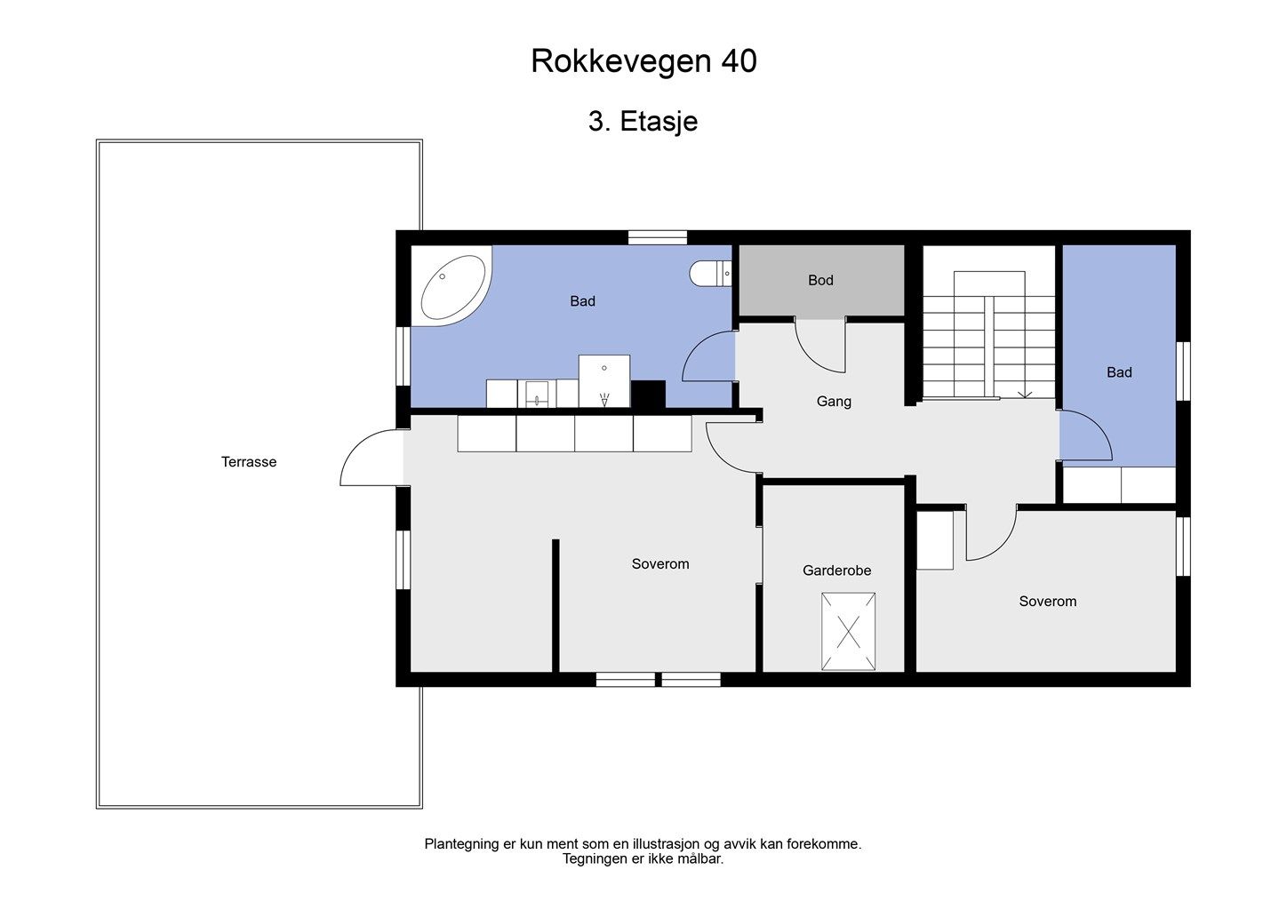Plantegning for loftsetasjen, som er innredet med blant annet tre soverom og et stort bad.