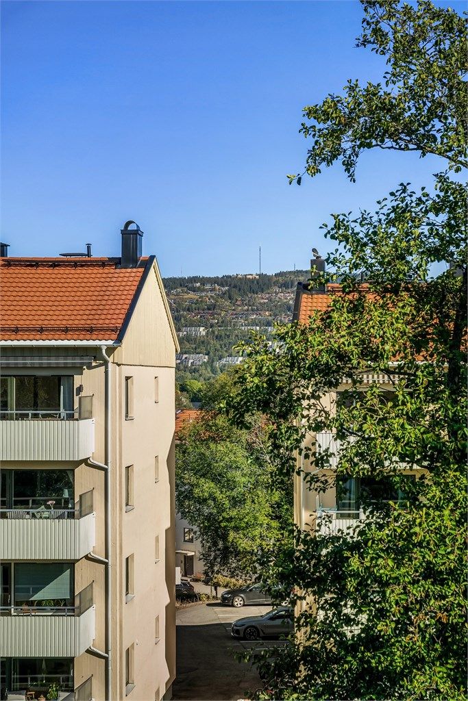 Fra leiligheten er det utsyn mot nærområdet og åsene rundt.