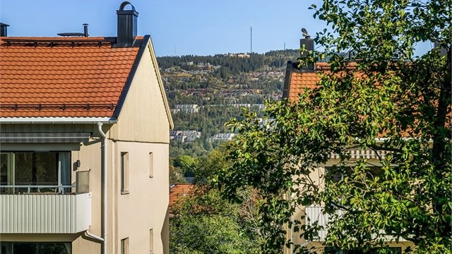 Fra leiligheten er det utsyn mot nærområdet og åsene rundt.