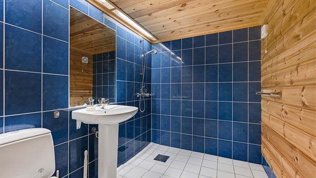 Funksjonelt baderom i kjelleretasjen med fliser på gulv, toalett og servant. (Ikke godkjent til varig opphold)