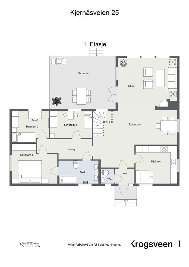 Hovedetasjen har en god planløsning med tre soverom, et oppgradert bad, kjøkken og en romslig stue med utgang til terrasse.