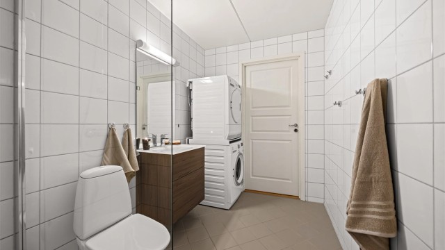 Baderomsinnredning fra Comfort (2019) og opplegg for vaskesøyle.