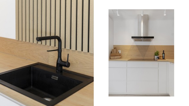 Gjennomtenkte materialvalg og moderne løsninger på kjøkkenet.