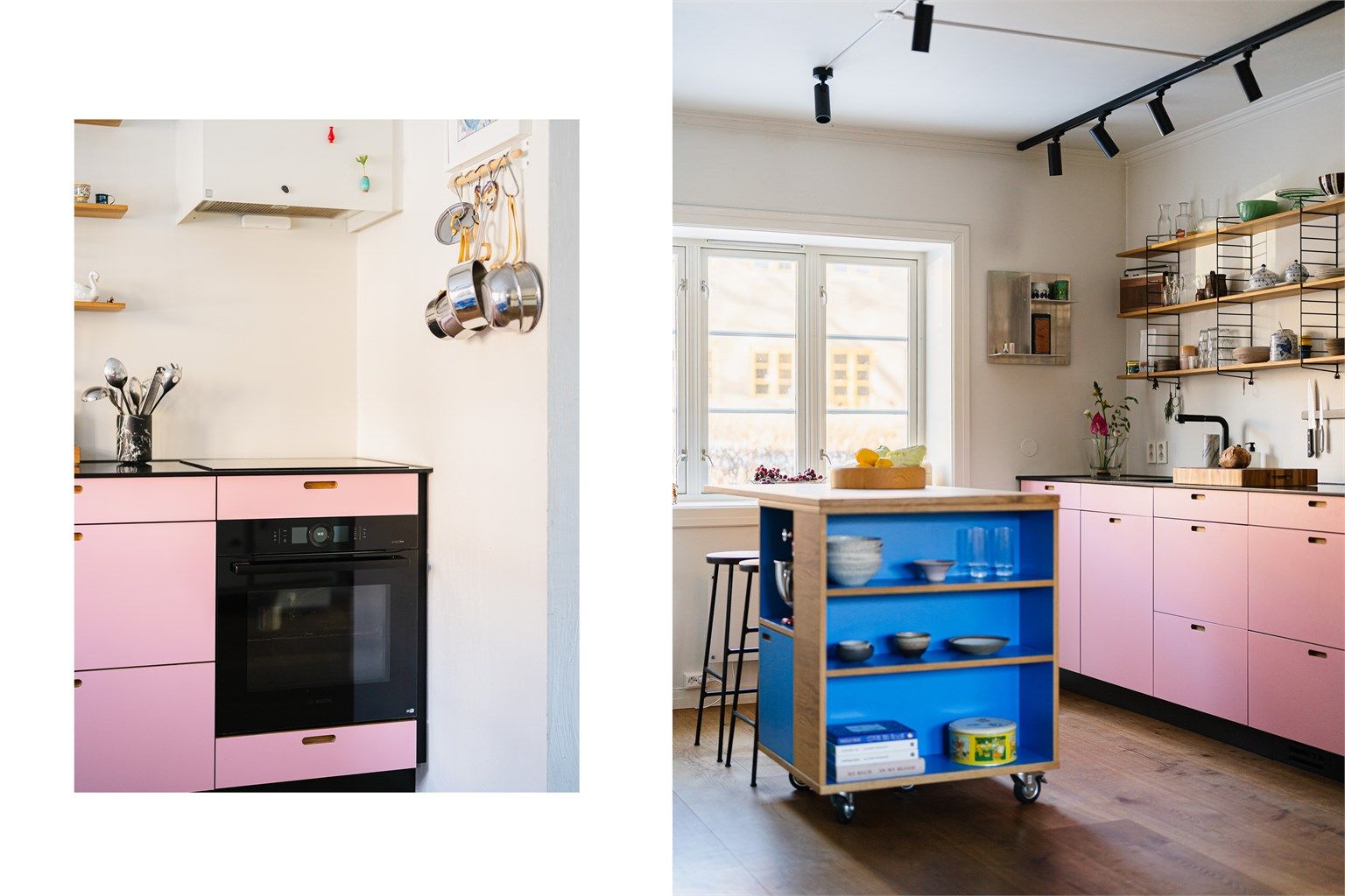 Kjøkkenet er utstyrt med integrert stekeovn, induksjonstopp, kjøleskuffer og oppvaskmaskin. 