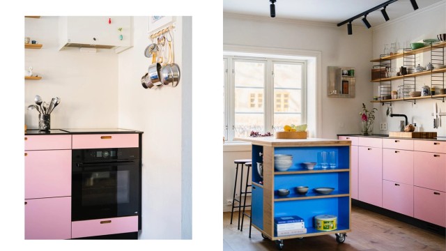 Kjøkkenet er utstyrt med integrert stekeovn, induksjonstopp, kjøleskuffer og oppvaskmaskin.