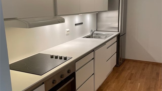 Utleiedel: Kjøkkeninnredning med slette fronter. Nedfelt oppvaskkum med ett-greps armatur. Benkeskapsbelysning og stikkontakt over benkeplate. Integrerte hvitevarer: Nedfelt keramisk platetopp og oppvaskmaskin. Frittstående kjøleskap med fryser.