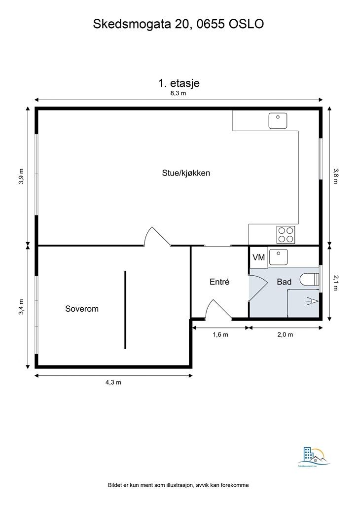 Leiligheten har en gjennomgående og arealeffektiv planløsning på 56 m².