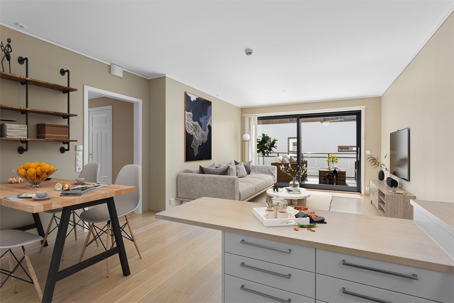 Stue/kjøkken - Rommet er digitalt stylet.