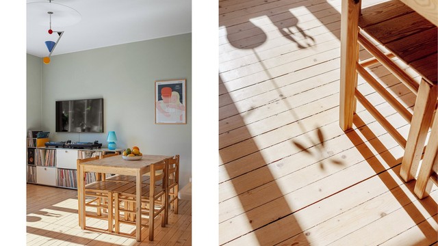 Det originale tregulvet er bevart og gir leiligheten særpreg og varme.