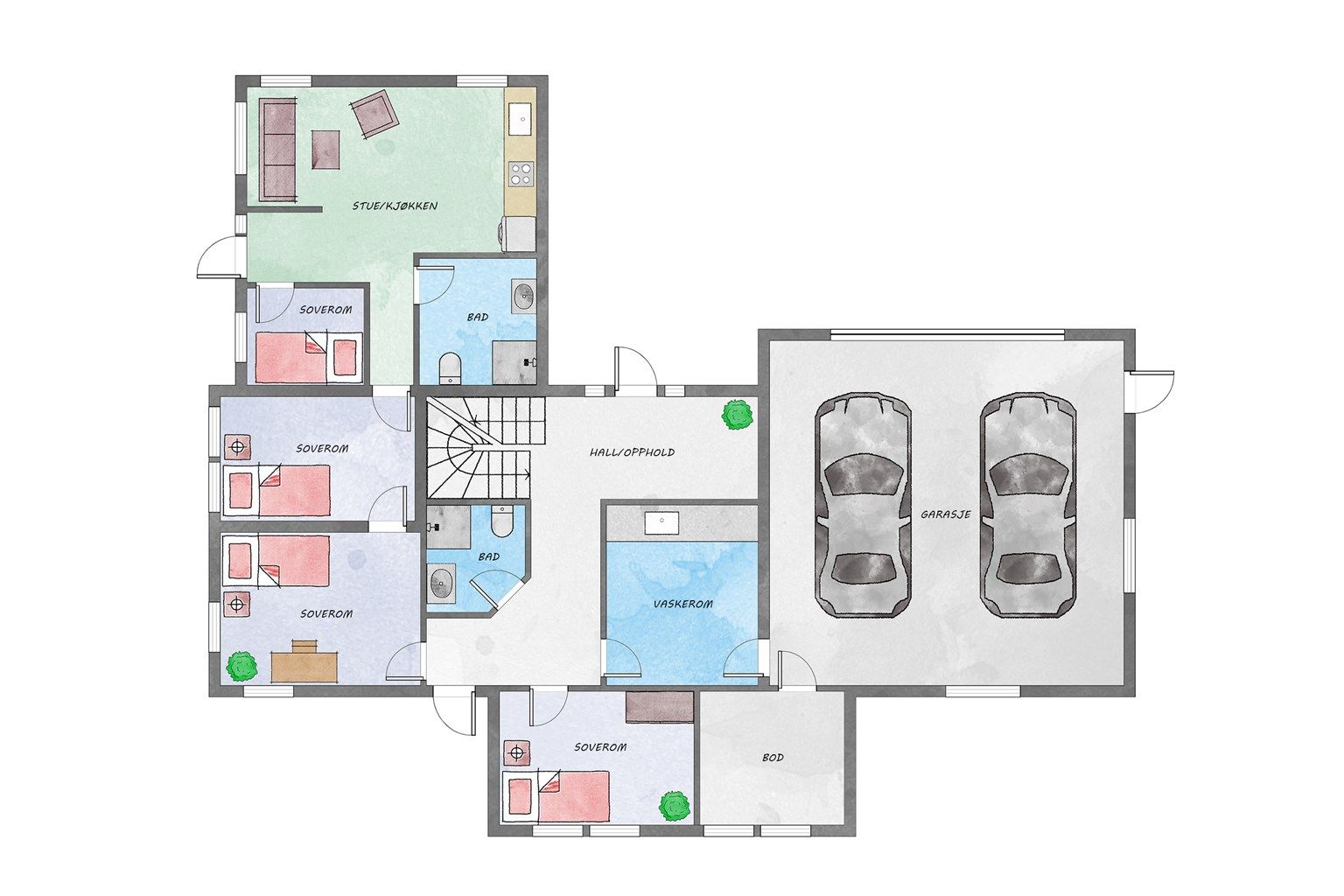 Planskisse 1 etasje. Hoveddel: Hall m/trapp 20,3m², Bad 4,6m², Vaskerom 12,7m², Soverom 12m², Bod 8,8m², Soverom14,1m². Garasje 56m². Hybelleilighet: Stue/kjøkken 18,6m², Bad 6,8m², Gang 7,4m², Soverom 5,3m², Soverom 11m²
