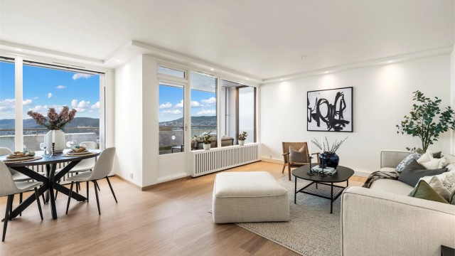 Stuen har store vindusflater som gir rikelig med lys og rammer inn utsikten over Drammensfjorden.