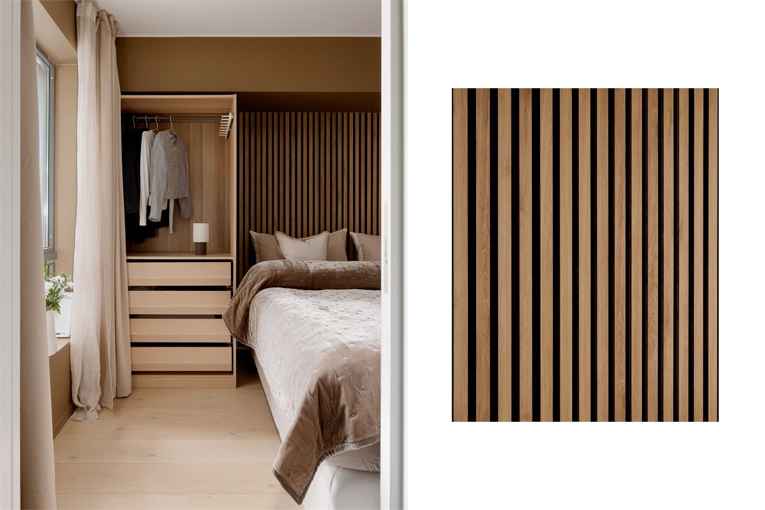 Soverommet er utført med gjennomtenkte materialer og en lekker fargepalett som skaper ro og harmoni.