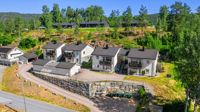 Oversikt over eiendommen og det felles carportanlegget.