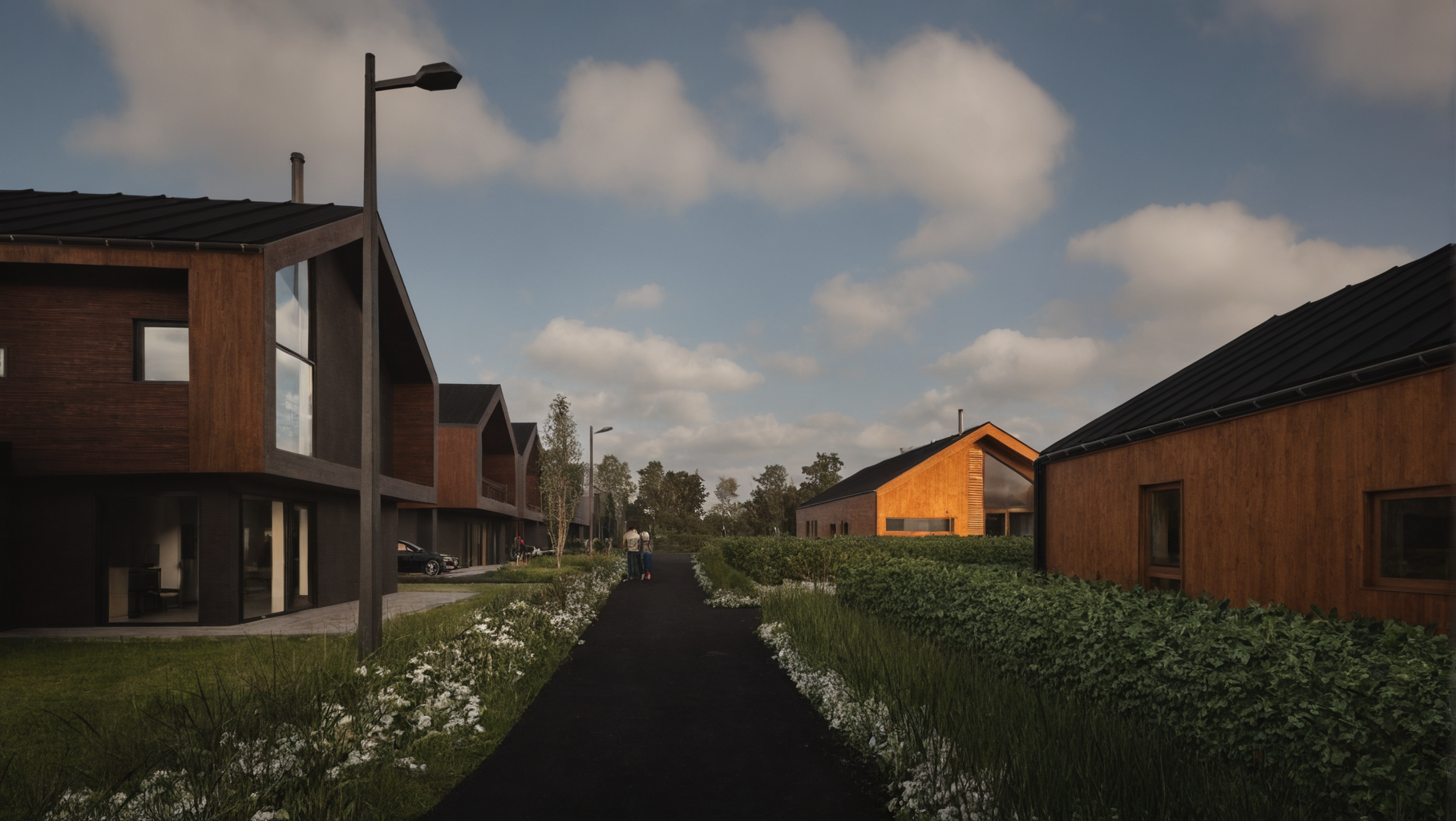 Det vil bli asfaltert og sådd plen på tomtene, men beplatning kommer i tillegg. (3D-illustrasjon, avvik kan forekomme)