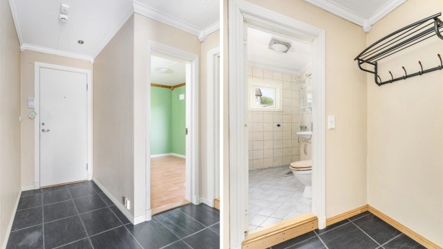 Hovedinngangen har porttelefon som betjenes fra leilighetens entrè.