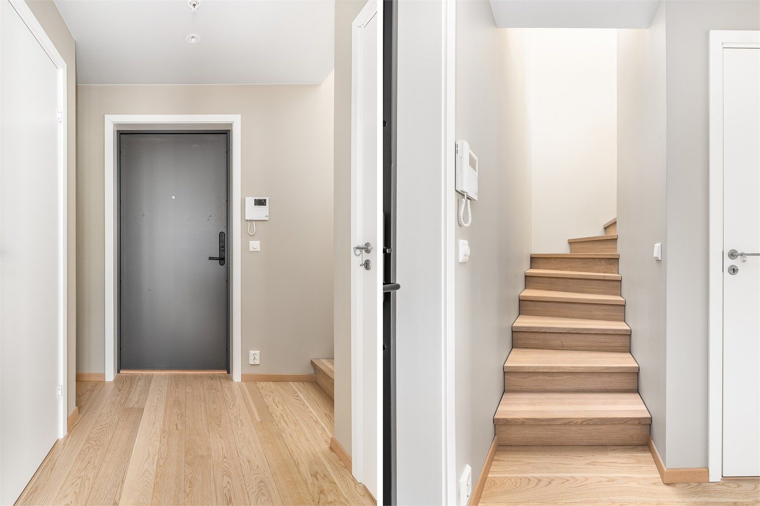 Den lekre interntrappen med trinn av heltre leder mellom entreen og øverste etasje. Under trappen finnes bod med tekniske installasjoner.