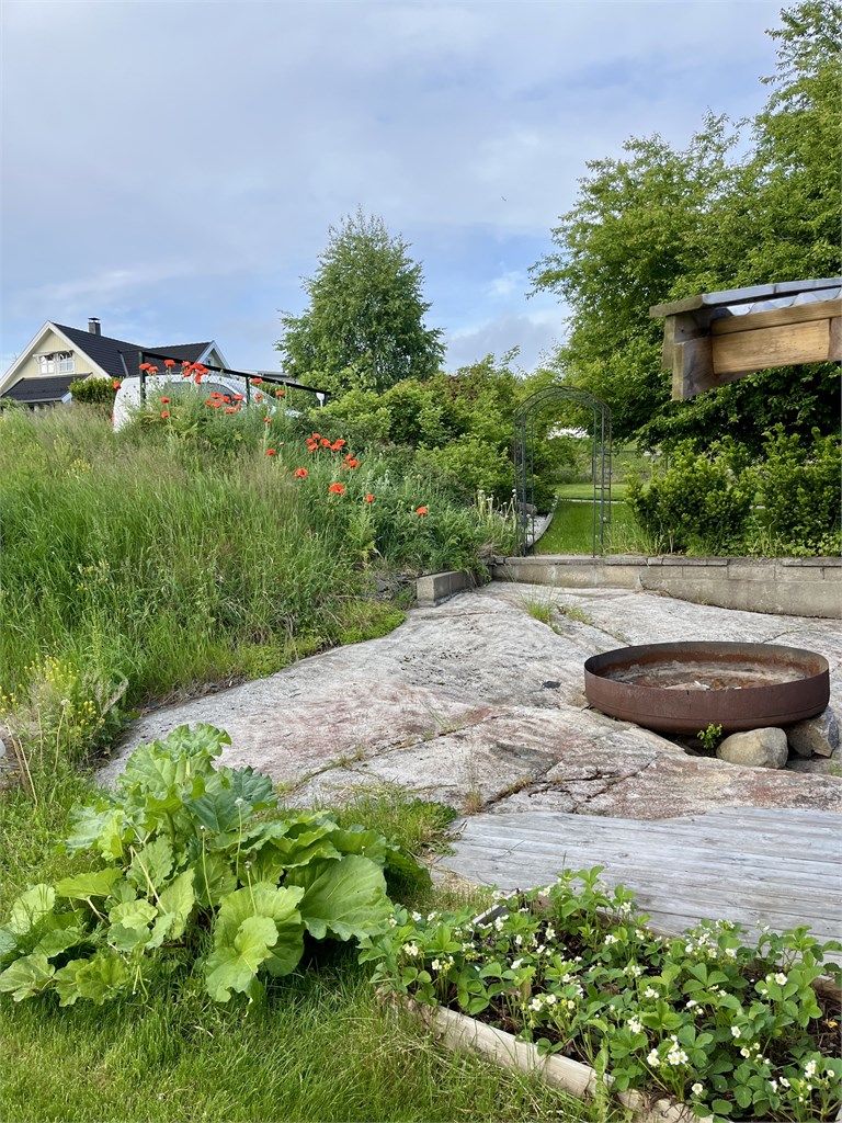 Velstelt hage med vakre beplantninger og rikelig plass til dyrking av grønnsaker og andre vekster.