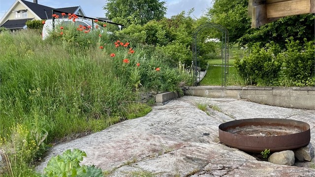 Velstelt hage med vakre beplantninger og rikelig plass til dyrking av grønnsaker og andre vekster.