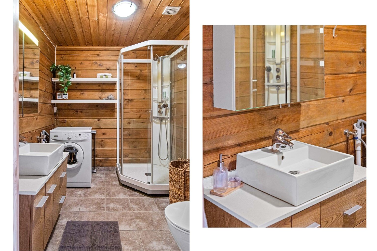 Bad med fliser på gulv og opplegg for vaskemaskin