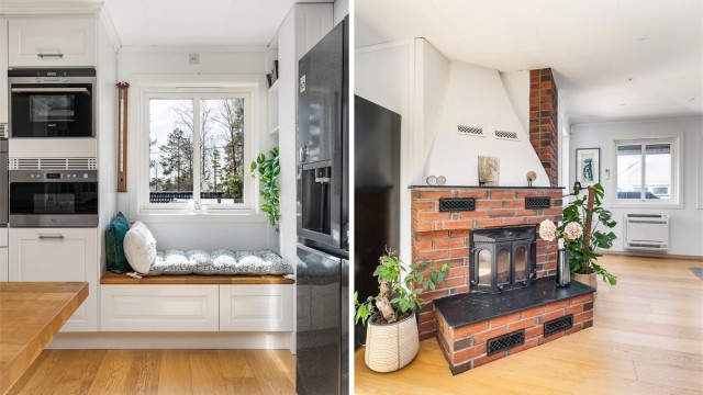 Sitteplasser både langs øyen og foran vinduet gjør kjøkkenet også til en naturlig samlingsplass, i tillegg til sin rent praktiske funksjon.