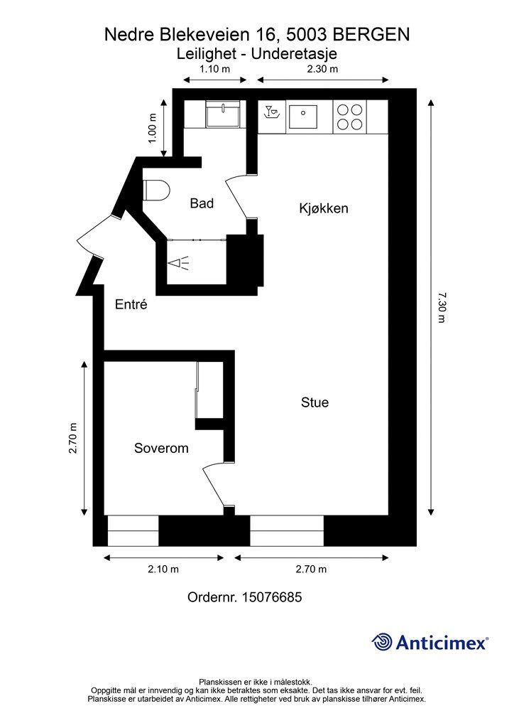 Plantegning (leiligheten er ikke godkjent, derav er ingen av rommene godkjente)