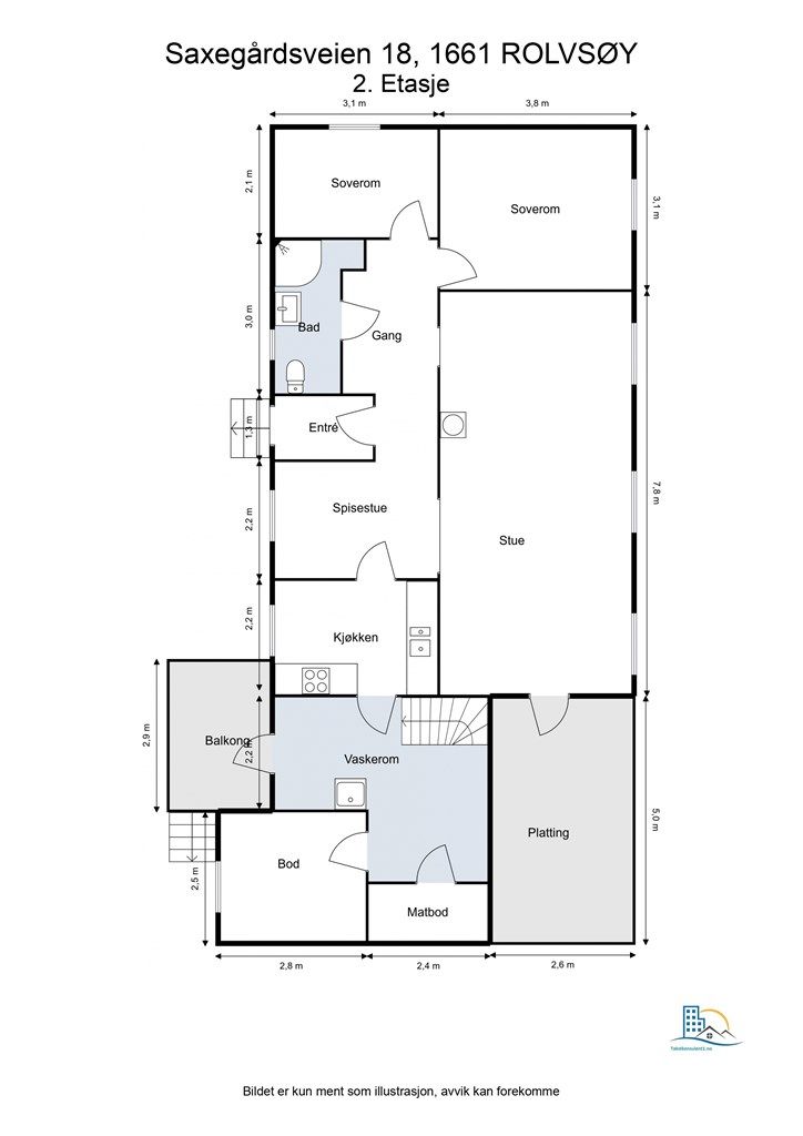 Planskissen er veiledende. I forhold til den opprinnelige romløsningen er stuen utvidet på bekostning av ett soverom som kan reetableres.