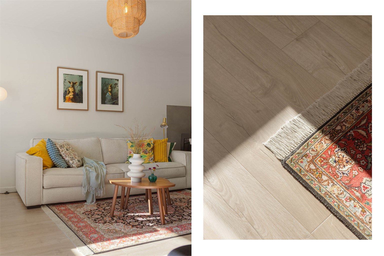 Lyst laminatgulv med vakker treimitasjon gir et varmt og naturlig preg, mens store vindusflater fra 2018 slipper inn rikelig med dagslys og fremhever stuens uttrykk.