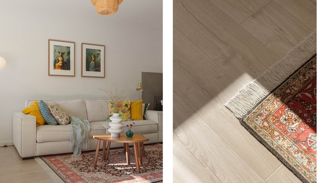 Lyst laminatgulv med vakker treimitasjon gir et varmt og naturlig preg, mens store vindusflater fra 2018 slipper inn rikelig med dagslys og fremhever stuens uttrykk.