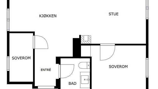 Veiledende skisse av leilighetens planløsning. Leiligheten har også et tilleggsareal i kjelleren i form av to boder.