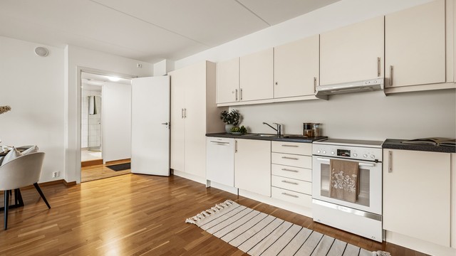 Videre er kjøkkenet utstyrt med oppvaskkum og ventilator.