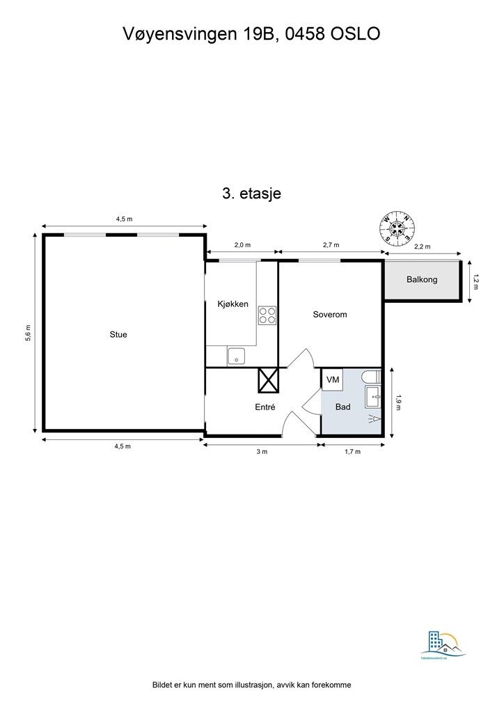 Leiligheten har en arealeffektiv planløsning på 51 m² som fordeler seg over entré, bad, soverom, kjøkken og stue.
