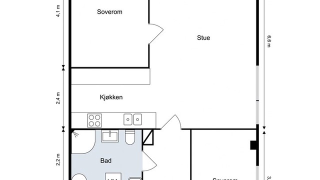 En funksjonell og arealeffektiv planløsning med to gode soverom, romslig stue og et solid utgangspunkt for videre modernisering.