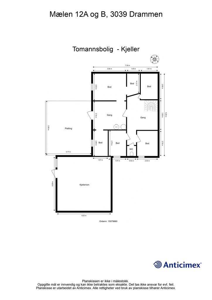 Plantegning, hel tomannsbolig (Mælen 12A og B) - Kjeller