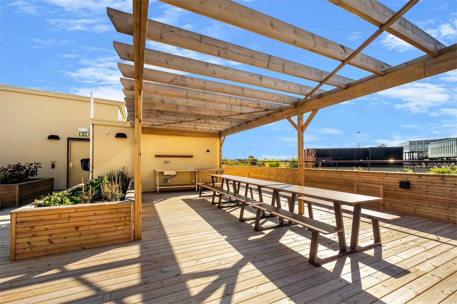 Felles takterrasse med pergola, sittebenker, plantekasser og åpent utsyn.