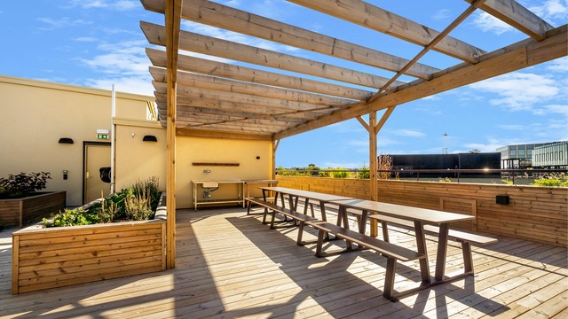 Felles takterrasse med pergola, sittebenker, plantekasser og åpent utsyn.